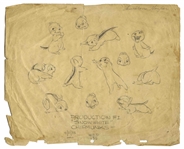 Disney Animator Thurston Harper Lot of Three Pages of Sketches -- Includes Mickey Mouse, Emil Eagle, Chipmunks From ''Snow White'', & Oliver Hardy